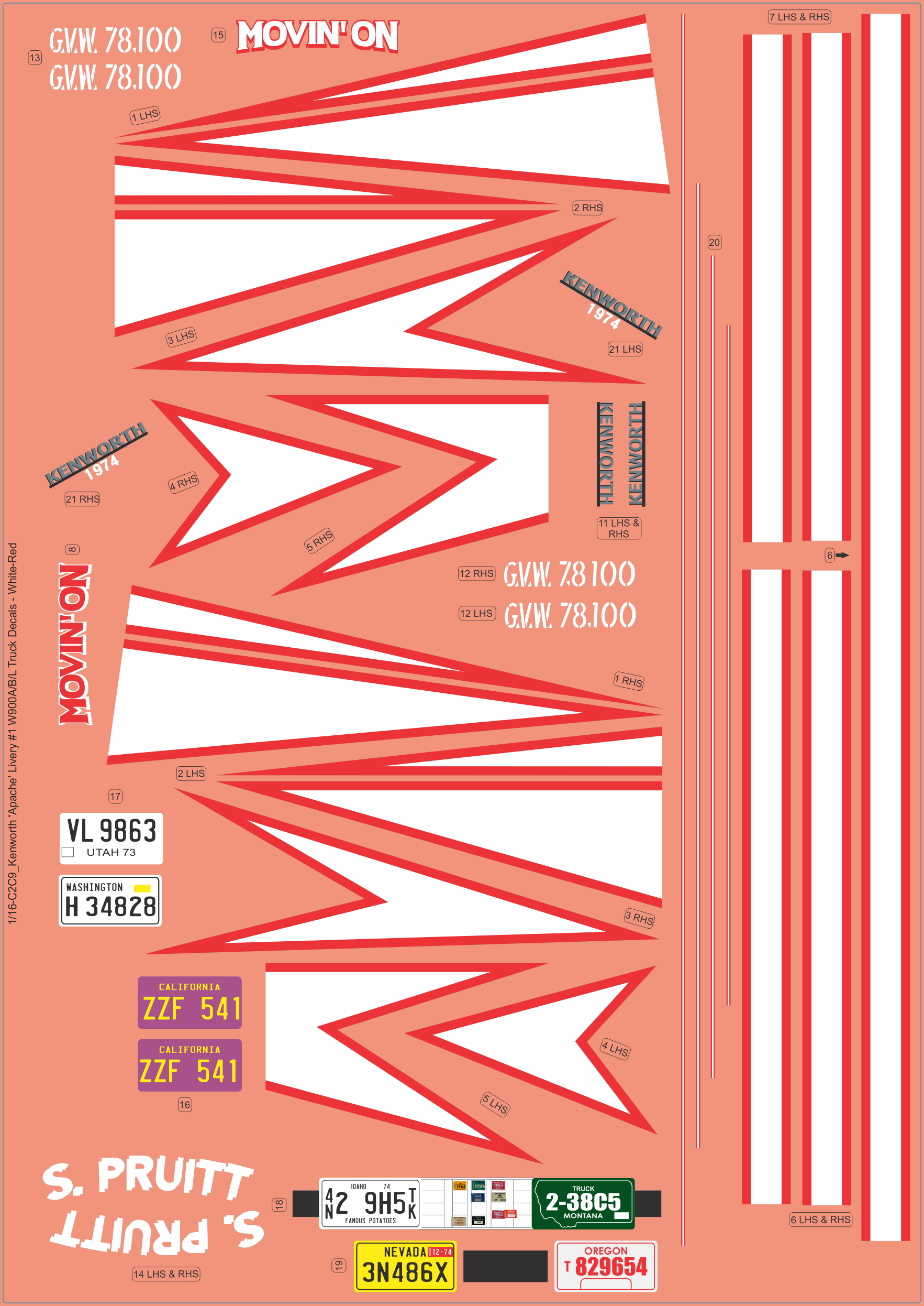 Kenworth “Apache” #1 Waterslide Decal Set – White-Red – Multi-Scale Custom Truck Model Decals